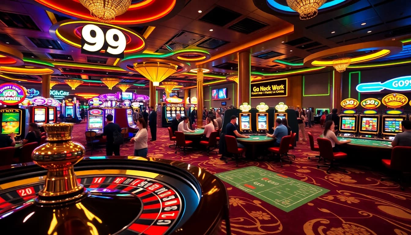 Players enjoying games at Go 99 casino with roulette and poker tables.