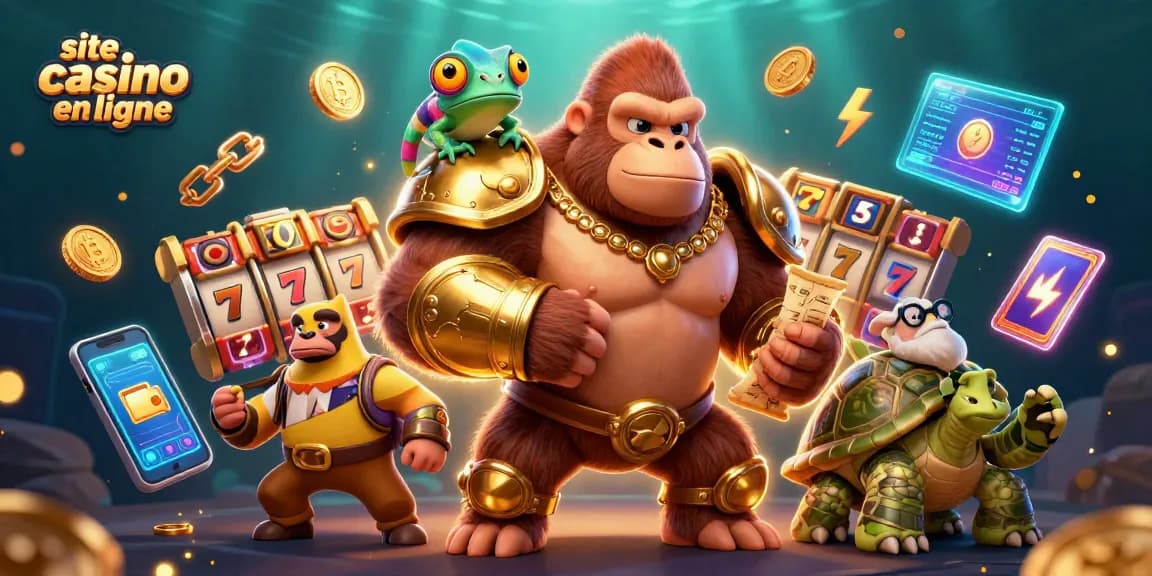 Interagissez avec le site casino en ligne captivant présentant une scène dynamique avec un roi gorille, un caméléon et un vieux tortue.
