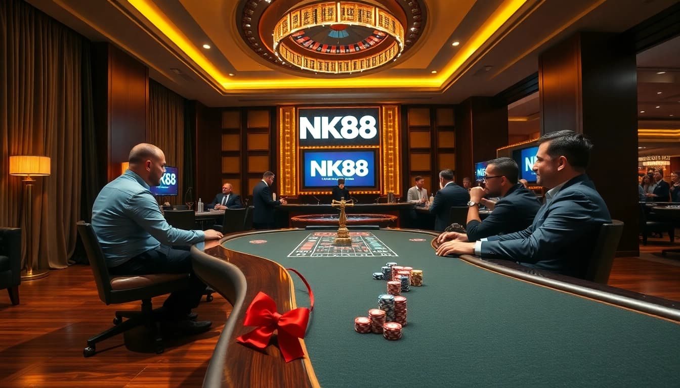 NK88 players enjoy a high-stakes poker game in an elegant casino setting.