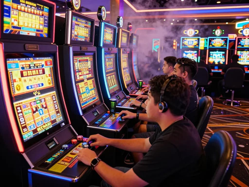 Pemain menikmati permainan situs gacor di suasana kasino yang meriah dengan mesin slot yang cerah dan kegembiraan.