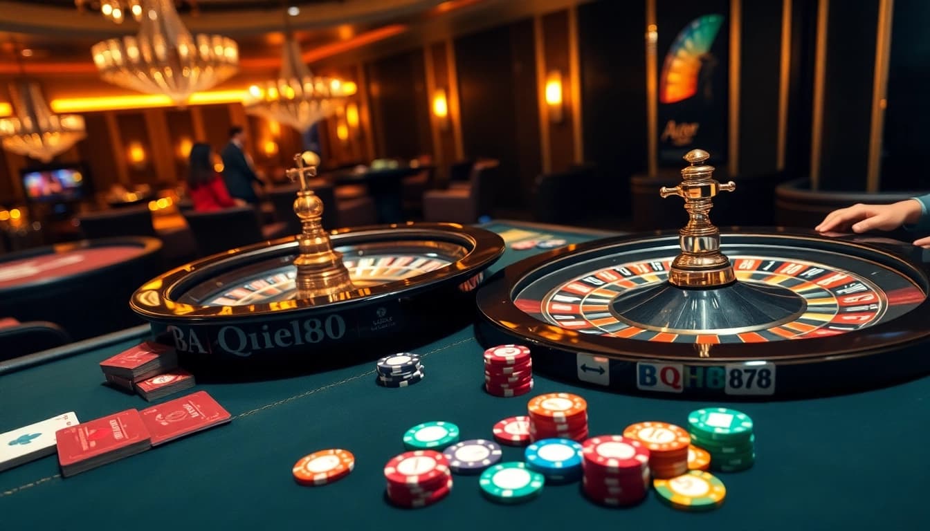 Experience intense gaming action at the qh88 casino table with vibrant chips and cards.