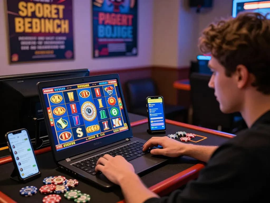 Engaged player enjoying Dash88 slot games on laptop, vibrant gambling atmosphere, cozy gaming setup with cash and chips.
