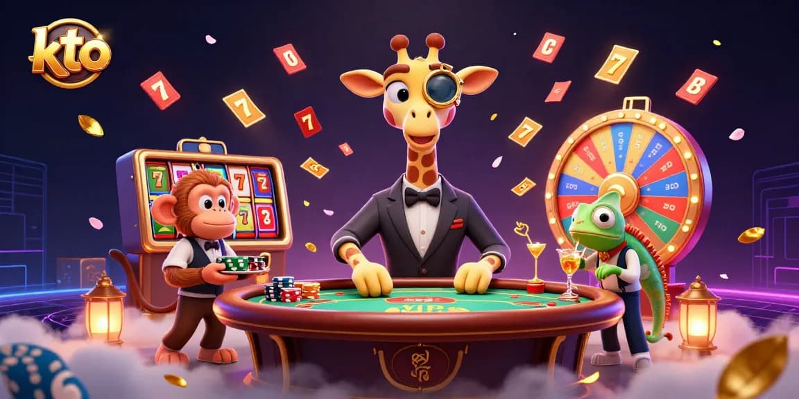 Experience dynamic wins with kto in this captivating 3D casino illustration featuring a high-roller giraffe and lively characters.