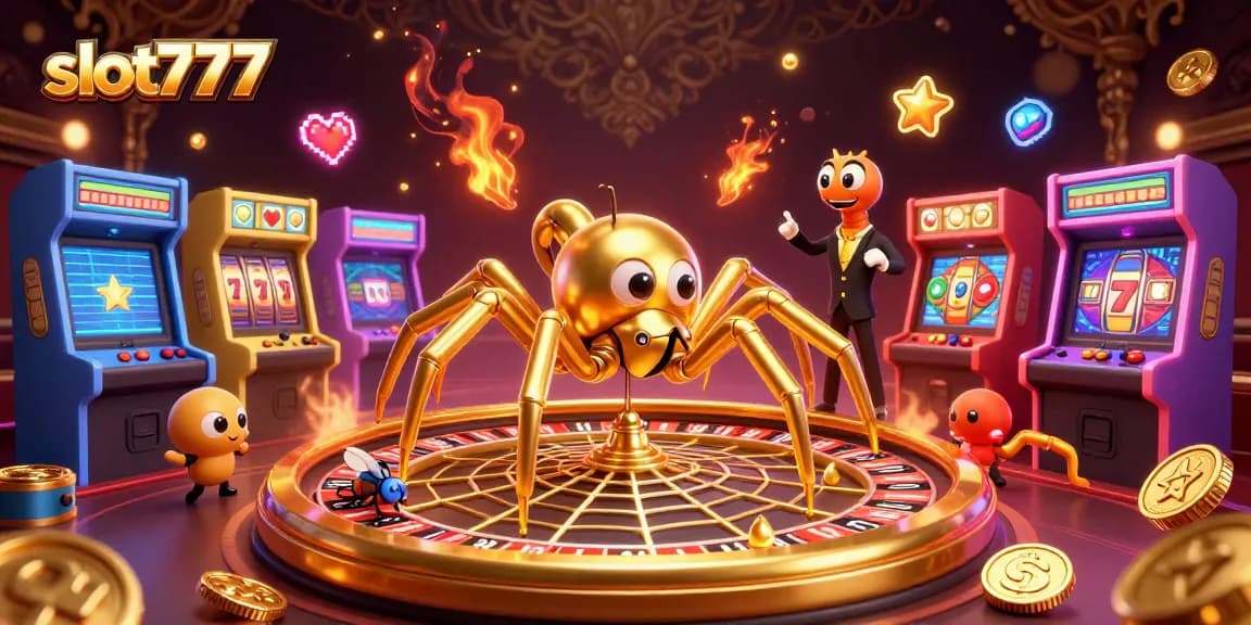 Play thrilling slot777 games with a 3D spider and centipede croupier in an immersive casino scene.