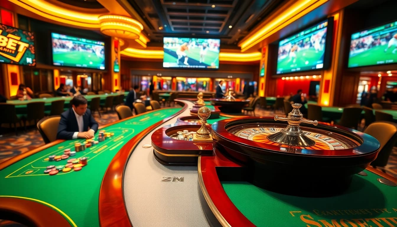 SBOBET-themed casino setup with vibrant tables and excited players enjoying sports betting.