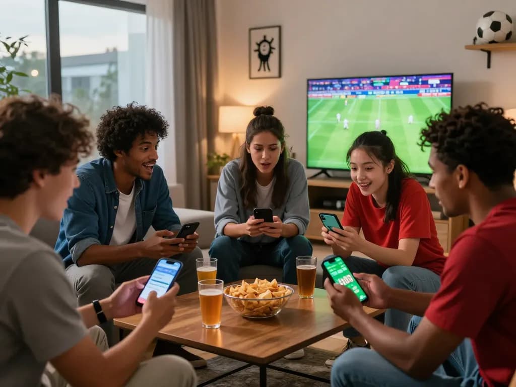 Cá độ bóng đá scene with friends enjoying a live football match, discussing betting odds and predictions in a cozy living room setting.