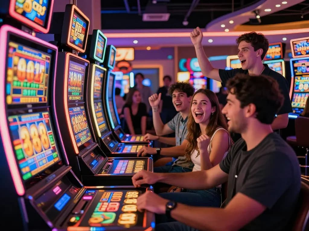 Exciting Lucky 88 gambling moment with friends at a vibrant casino filled with colorful lights and joyful expressions.