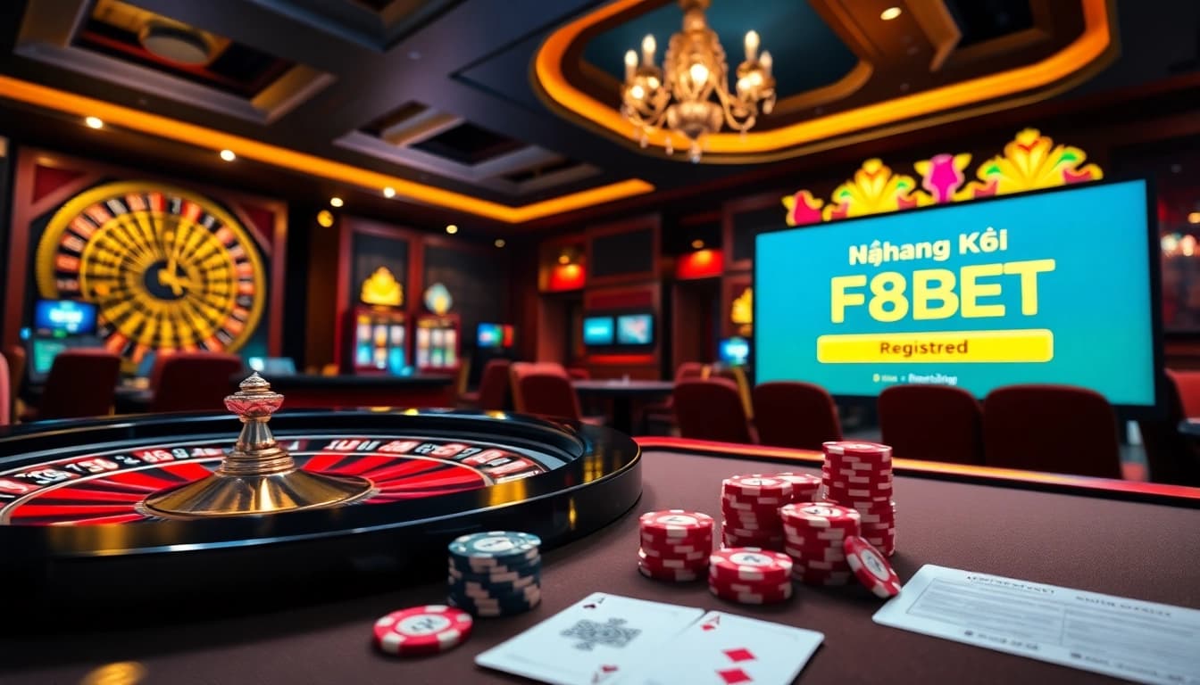 Excited gamblers engaging in games at F8BET, "Đăng Ký F8BET" registration visible on screen.