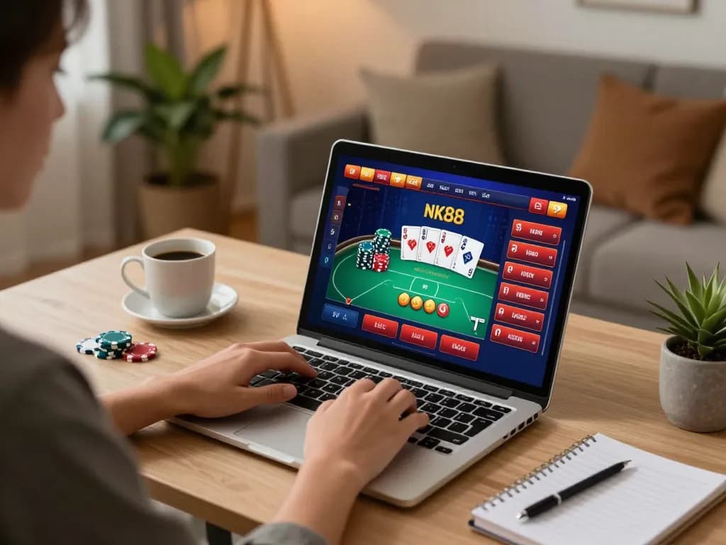 Engaging in NK88 online casino gaming with vibrant poker interface on laptop