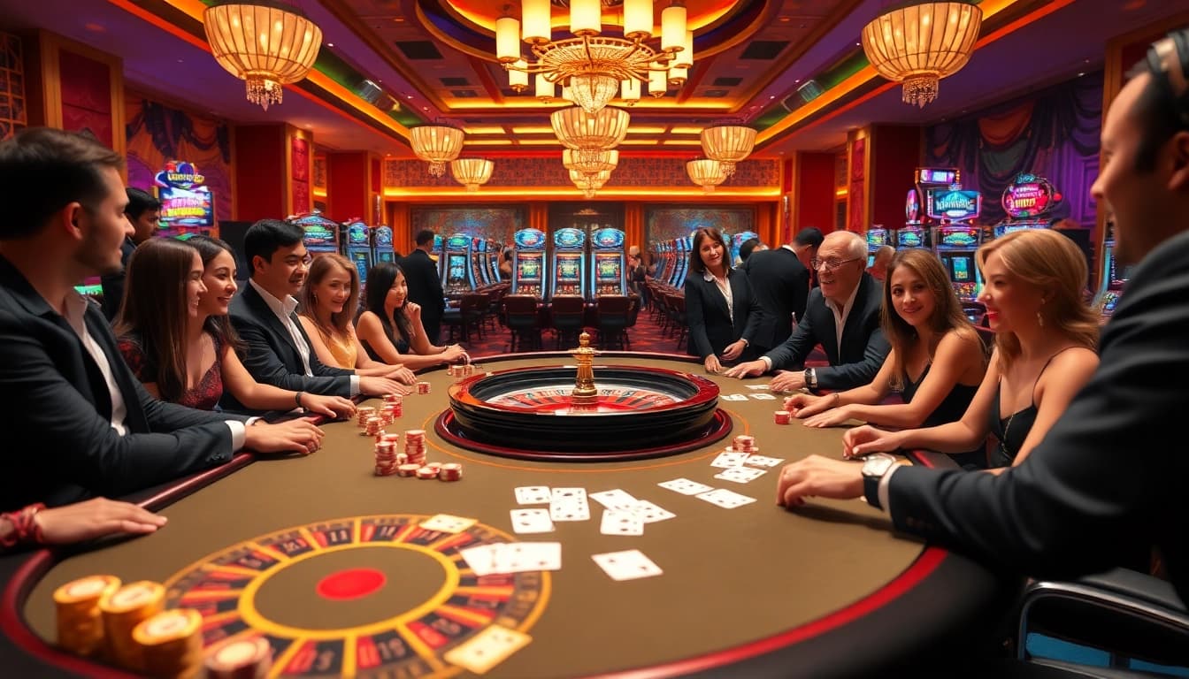 SC88 gaming table surrounded by players enjoying poker chips and cards in a luxurious casino atmosphere.