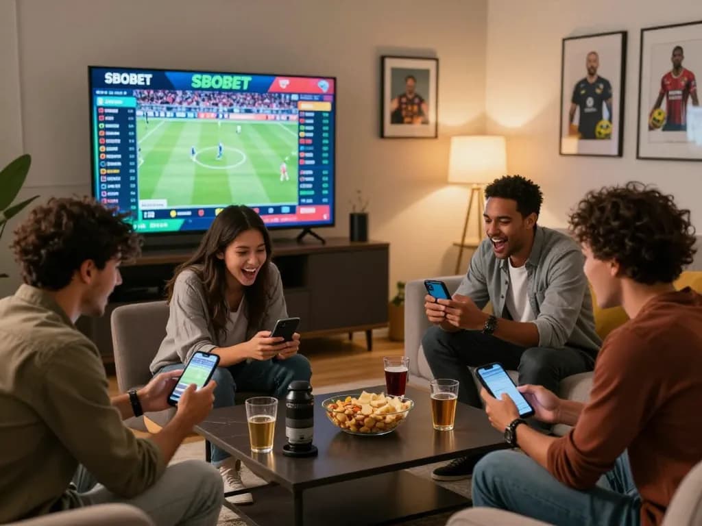 SBOBET sports betting scene with friends cheering and placing bets on mobile devices during a major event.