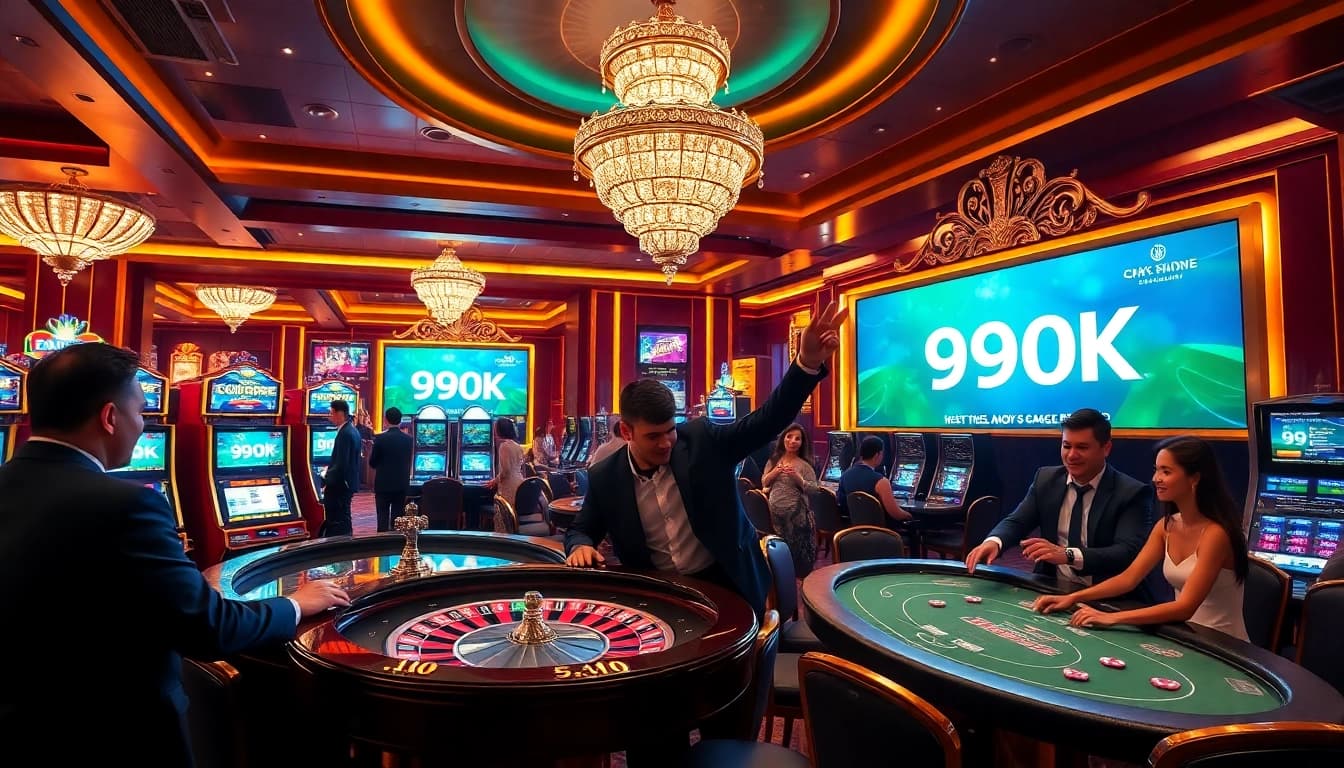 Exciting casino atmosphere featuring players at a roulette table showcasing 99OK's vibrant gaming options.
