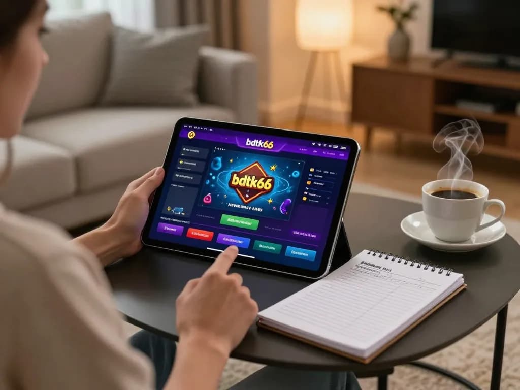 Player enjoying the bdtk66 online casino app in a cozy home setting, focusing on responsible betting.