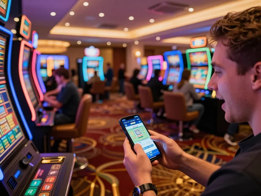 Người chơi tương tác với ứng dụng KO66 trên smartphone trong một môi trường casino sôi động đầy máy slot nhiều màu sắc.