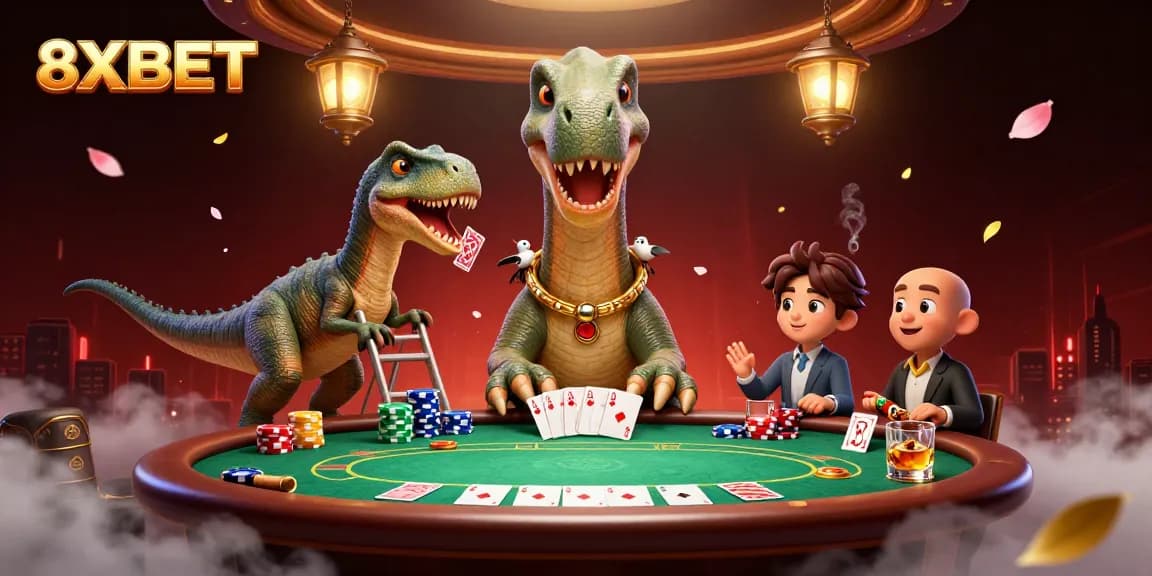 Engage with stunning 8XBET gameplay under a giant brontosaurus, complete with vibrant poker action.