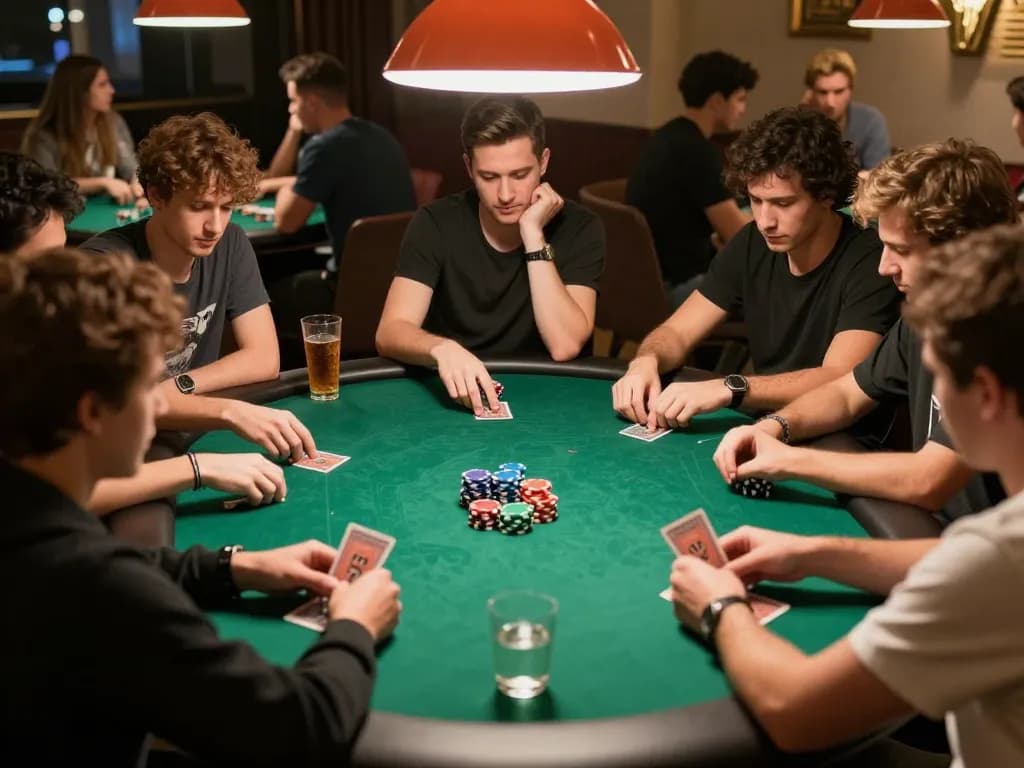 Engaged players participating in a debet poker game, showcasing chips and cards on an intimate game night.