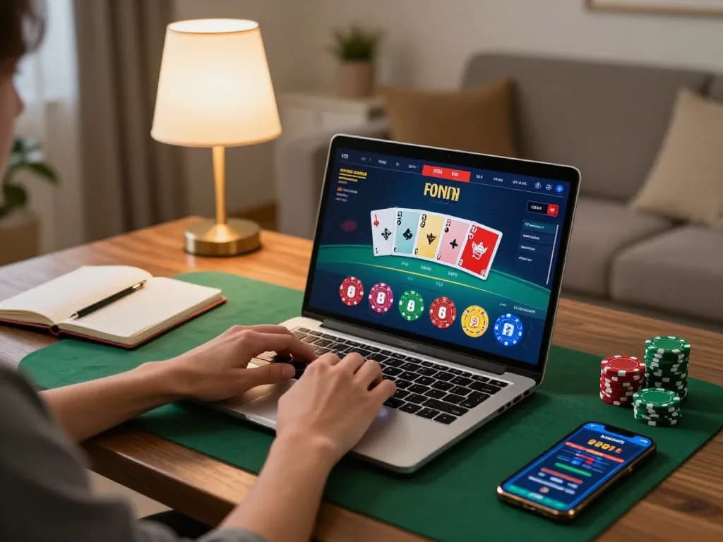Engaging online gaming scene showcasing poker gameplay at https://rr888.shopping/ with a cozy home atmosphere.