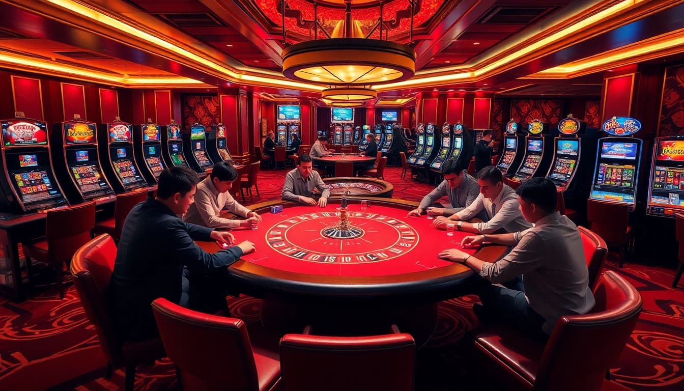Experience the excitement of tk88 at a vibrant casino with poker tables and roulette wheels.