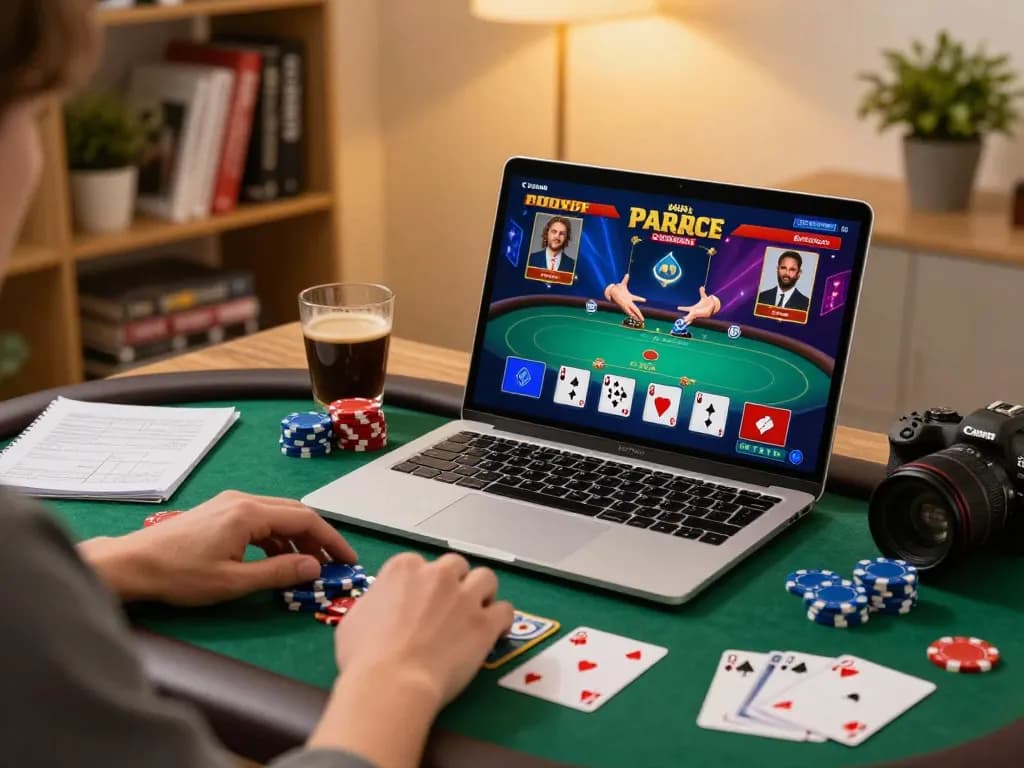 cm88 player engaged with online poker game at home with strategy notes