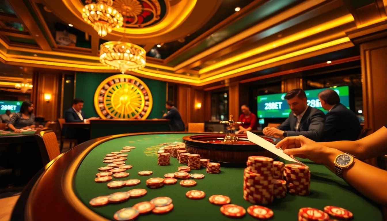 Experience the excitement of 28BET casino gameplay with vibrant chips and a spinning roulette wheel.