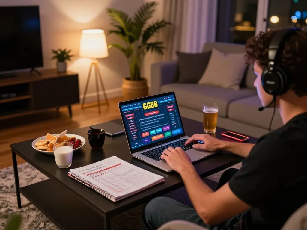 Engaging in online gaming at home with GG88, showcasing strategy notes and vibrant atmosphere