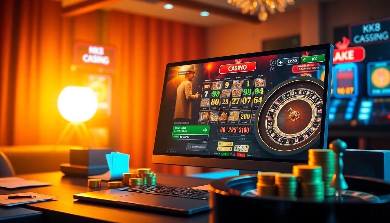 Engaging MK8 online gambling scene featuring colorful slot machines and roulette wheel.