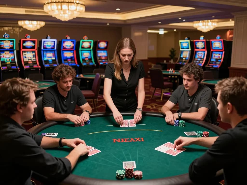 Players engage in strategic gameplay at uu88's luxurious poker table, dealer shuffling cards.