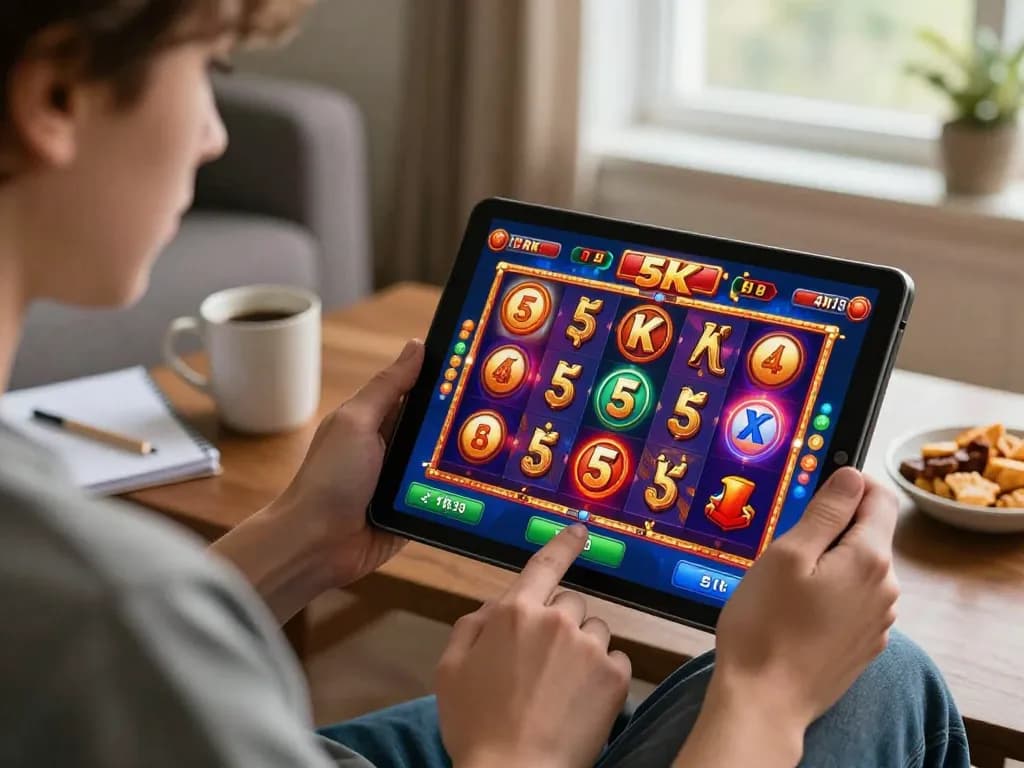 Player enjoying the excitement of slot 5k game on tablet in a cozy setting.