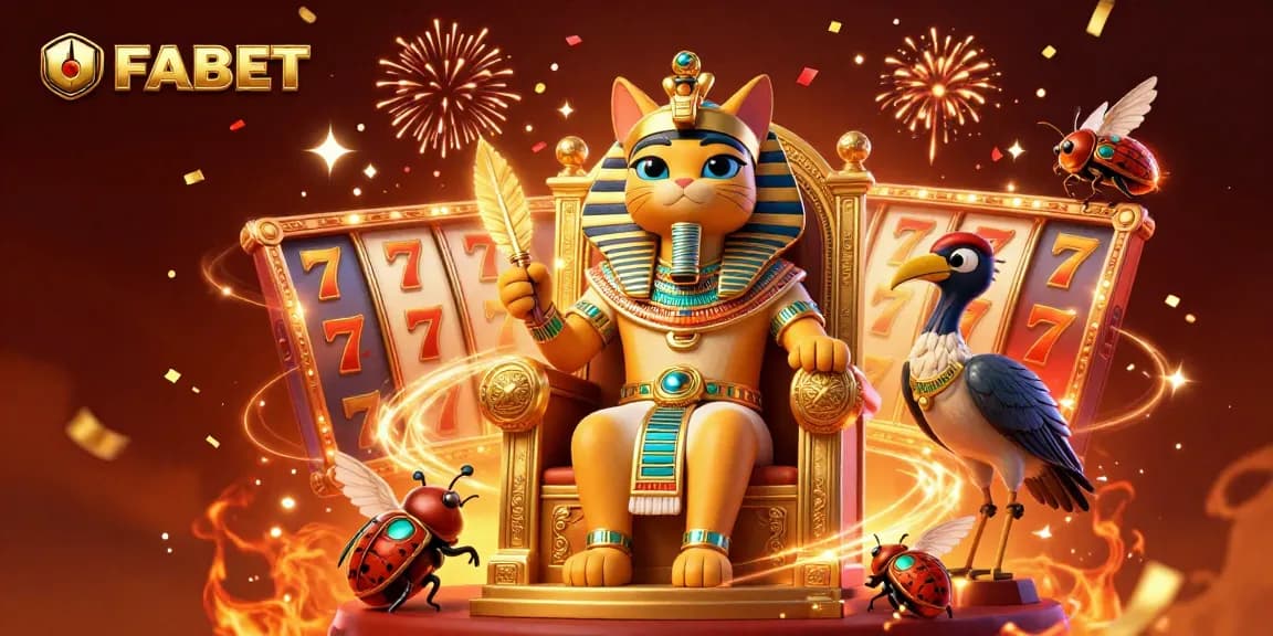 Spin to win at UFABET with an Egyptian pharaoh cat in a rich casino scene full of slot elements.