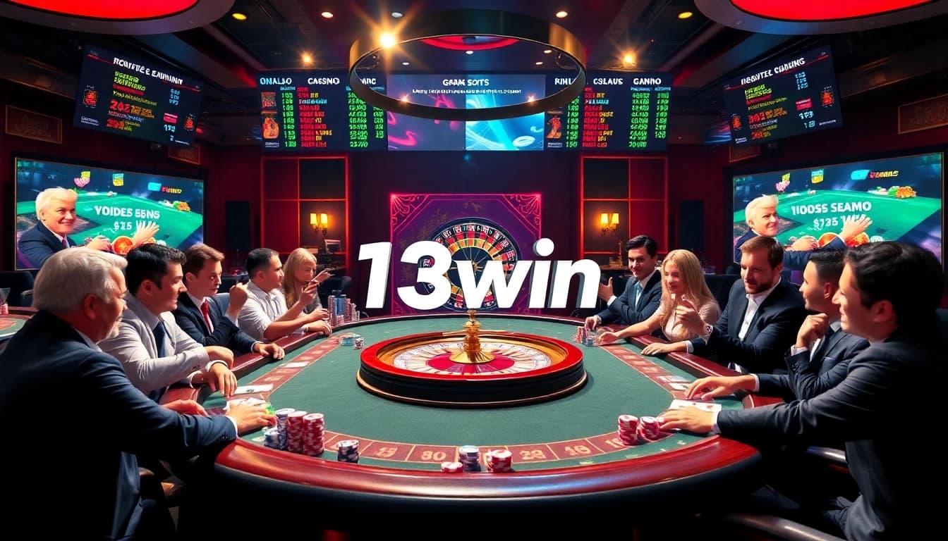 Players enjoying a thrilling poker game at 13win casino, surrounded by colorful chips and cards.