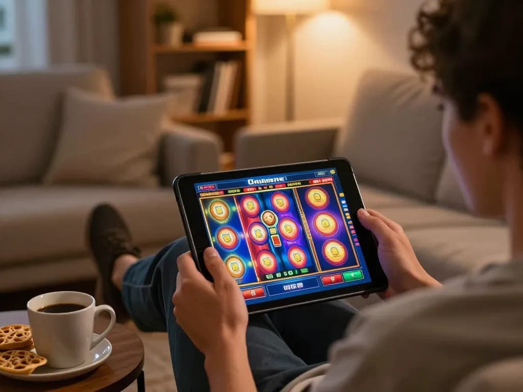 Engaging slot online gaming experience on a tablet in a cozy home setting