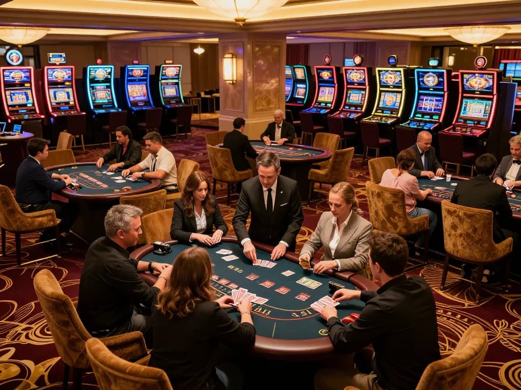 Experience the thrill of blackjack at bem88's upscale casino floor with players and vibrant atmosphere.