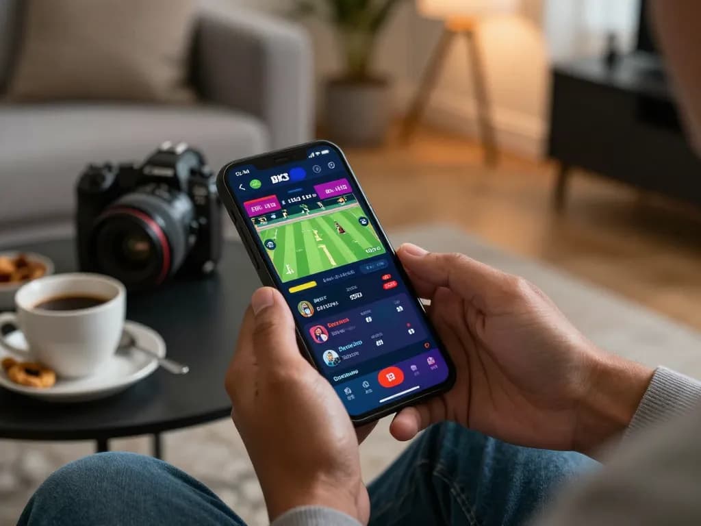 Engaged player using BK33 to bet on live cricket match in a cozy home atmosphere.