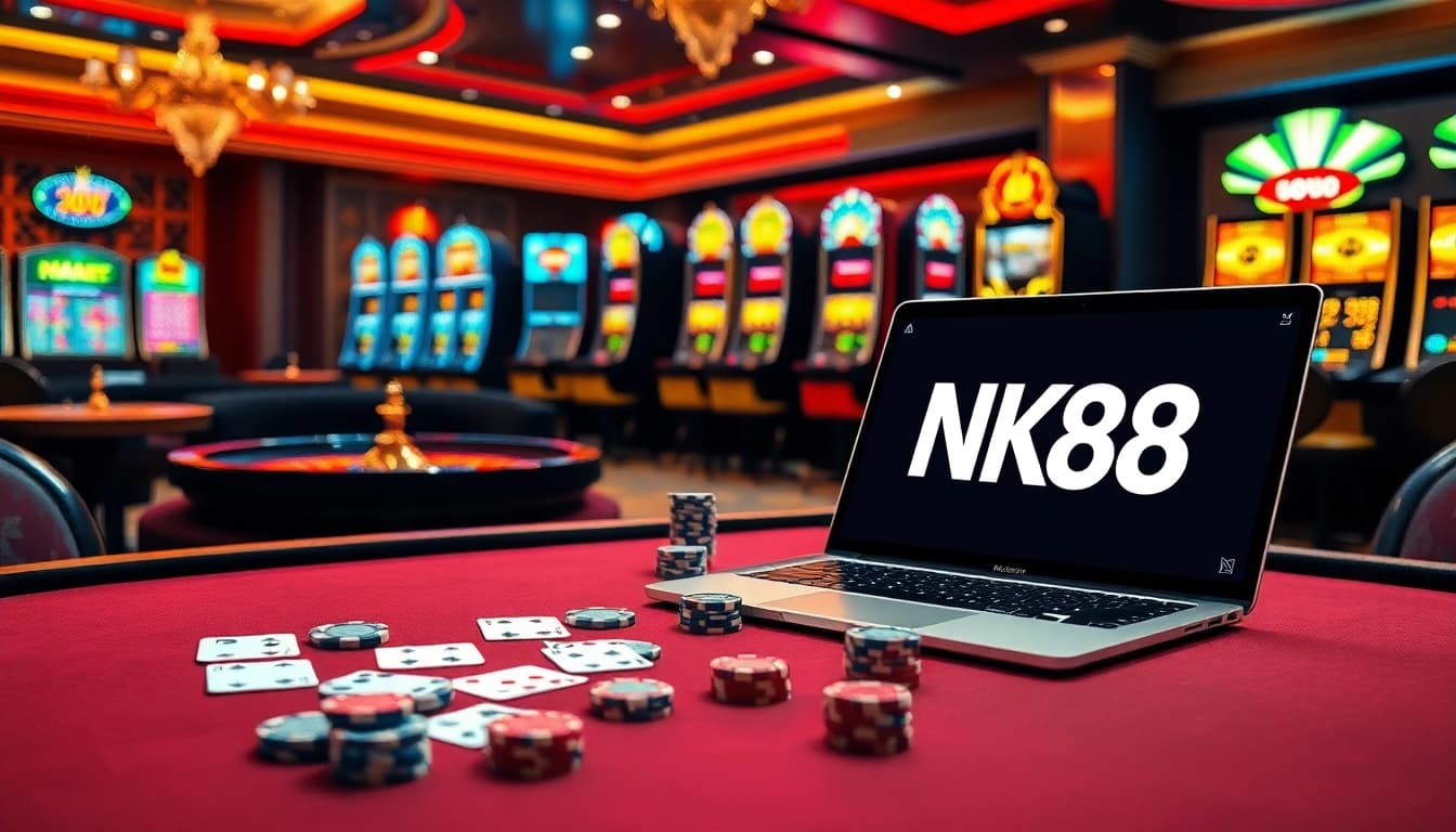 Experience thrilling gameplay with NK88 as poker chips and a roulette wheel create a vibrant casino atmosphere.