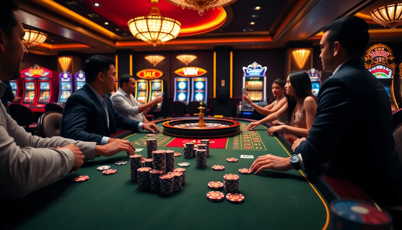 F8BET players celebrate at a vibrant casino table with luxury poker chips and cards.