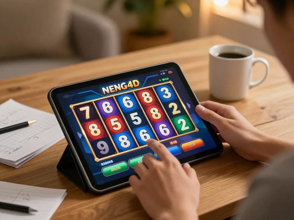 NENG4D player engaging with a vibrant slot game on a tablet in a cozy home setting
