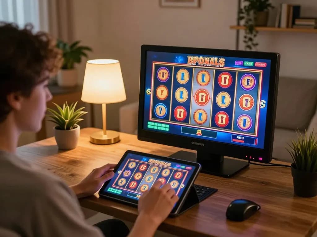 Engaging online gaming scene at RR88 with a player enjoying slots on a tablet in a cozy home.
