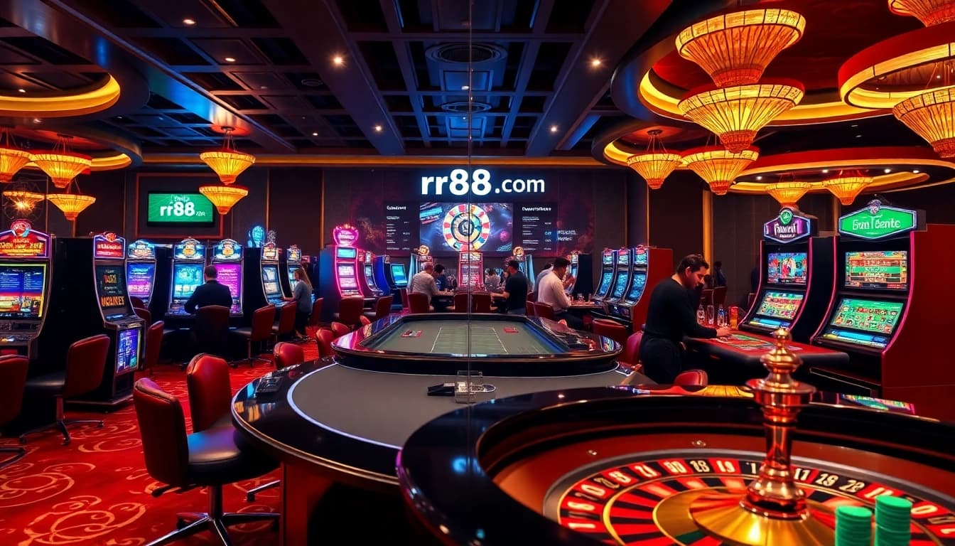 Exciting gaming scene at rr88 com featuring poker tables, slot machines, and roulette.