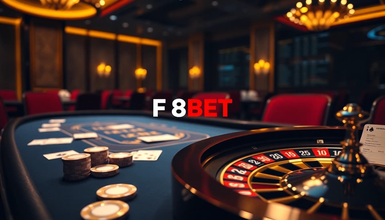 Experience luxury gambling with https://f8bet.net.in/ showcasing a poker table and roulette wheel.