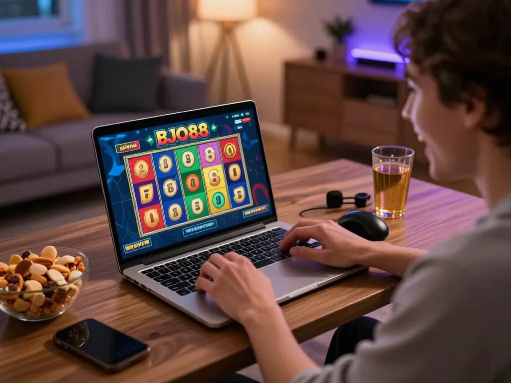 Pemain terlibat dengan permainan slot online BJO88, menampilkan lingkungan bermain di rumah yang menarik dengan warna-warna cerah