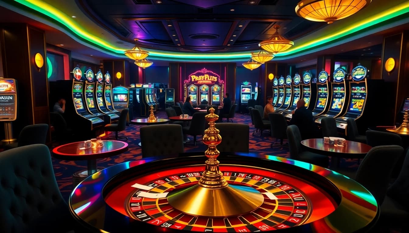 Experience the thrill of Pragmatic Play slots in a luxurious casino setting, featuring vibrant machines and eager players.