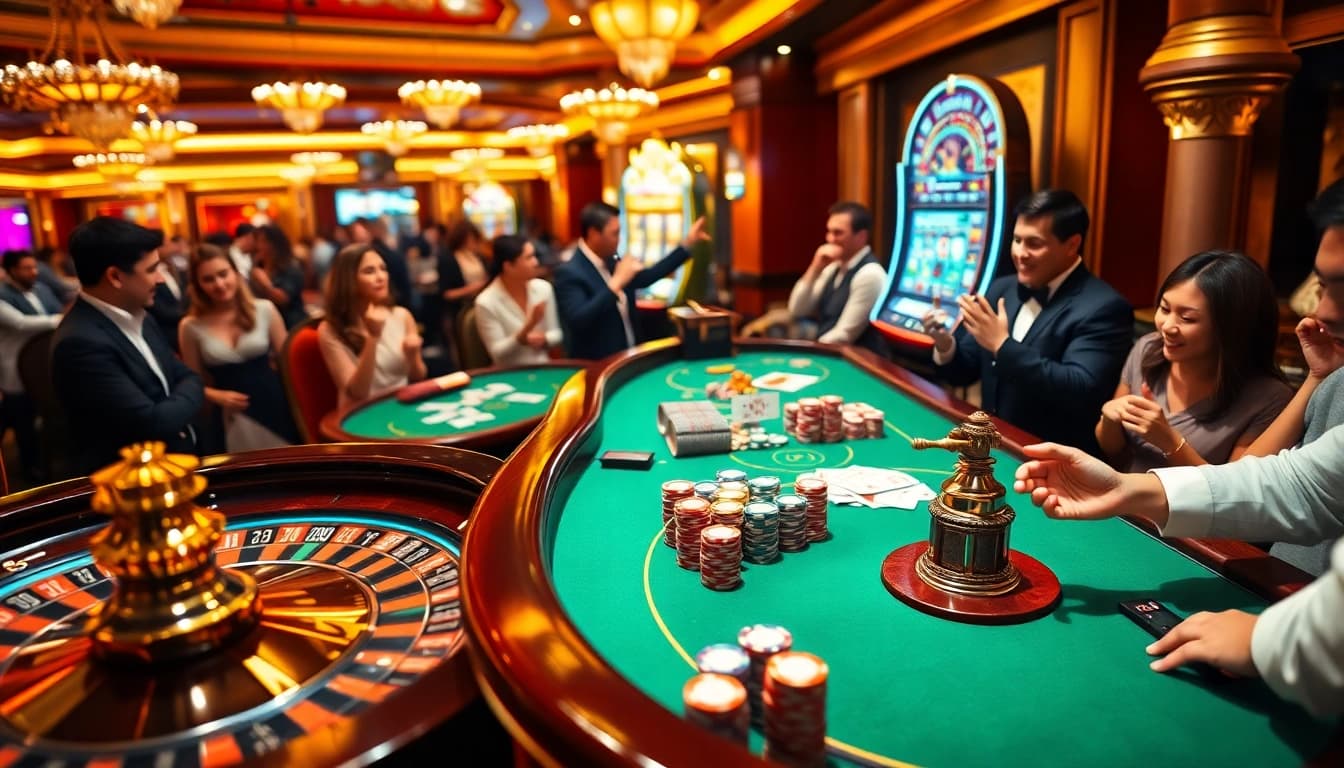 Players celebrating wins at a vibrant ta88 club casino table with poker chips and cards.