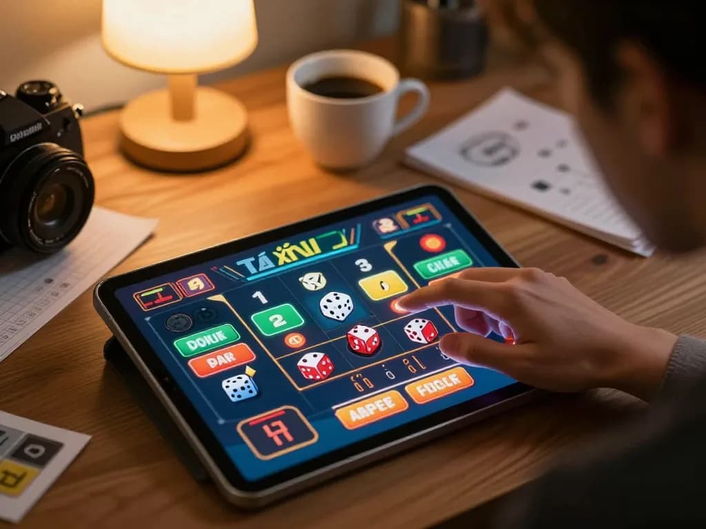 Engaging with tài xỉu online on a tablet, showcasing betting options and vibrant graphics in a cozy home setting.