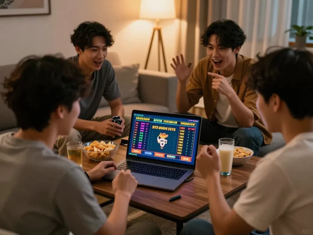 Teman-teman bermain yang merencanakan strategi di situs togel online, menunjukkan permainan interaktif di rumah