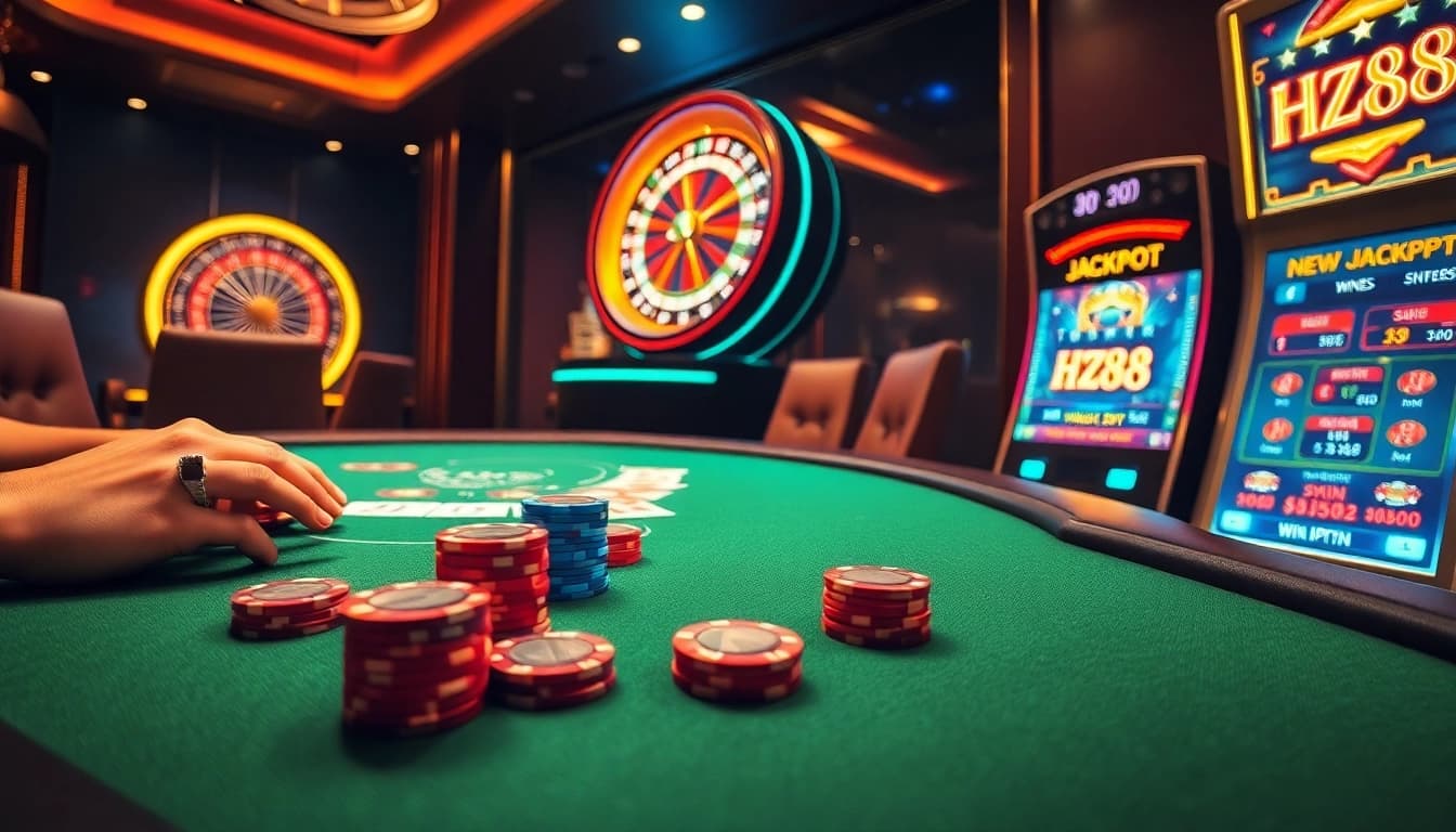 Experienced gambler strategically placing bets on HZ88 poker table with vibrant chips and cards