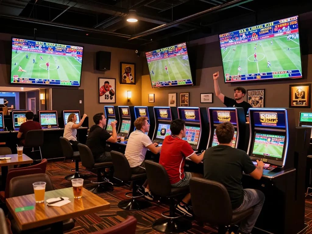 A dynamic sports betting scene showcasing F8BETA2 enthusiasts engaged in placing bets on live games, enhancing excitement.