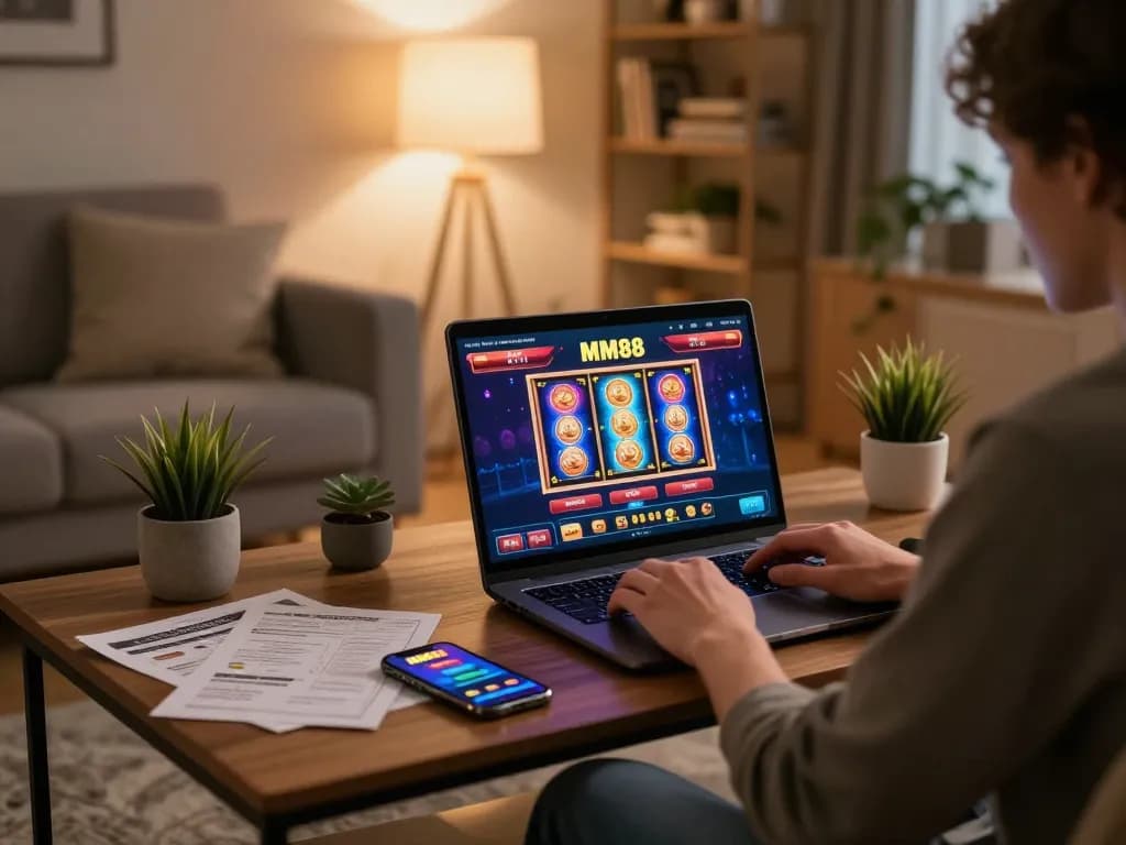 Player engaging with MM88 online casino on laptop in cozy home setting with strategy notes.