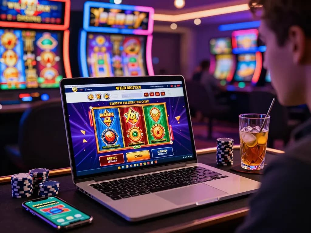 Engaging Wild Sultan Casino scene with player at vibrant gaming interface, showcasing bonuses and animated slot graphics.