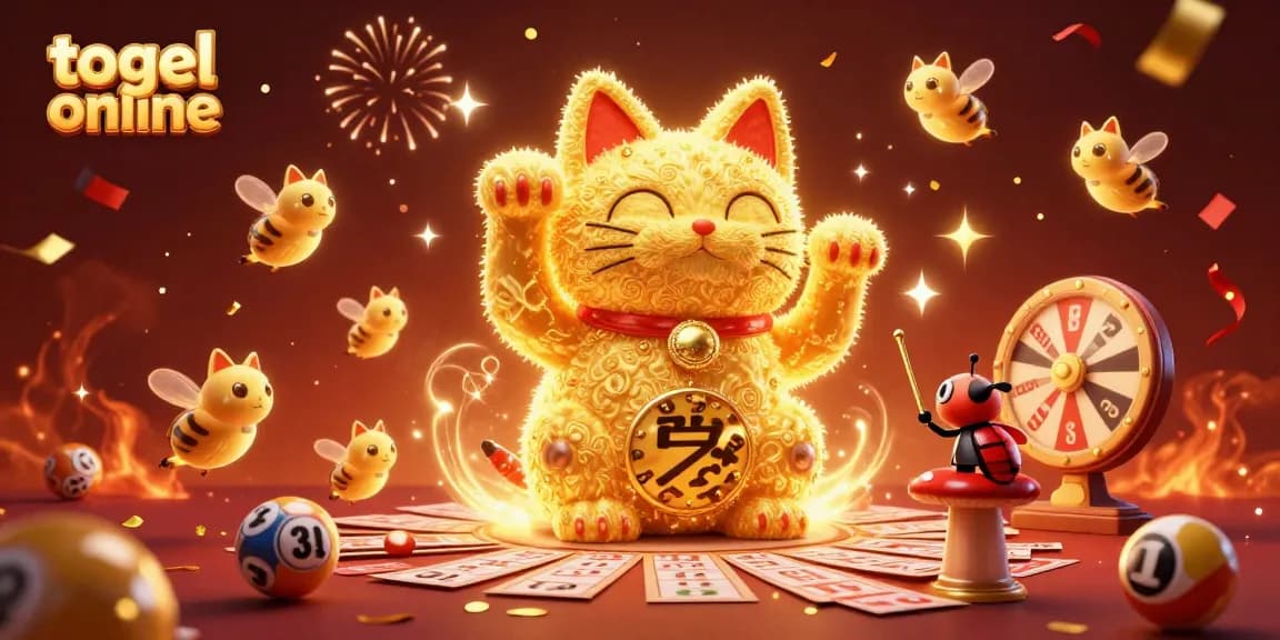 Engage in exciting togel online experiences with dynamic lottery scenes featuring a lucky cat illustration.