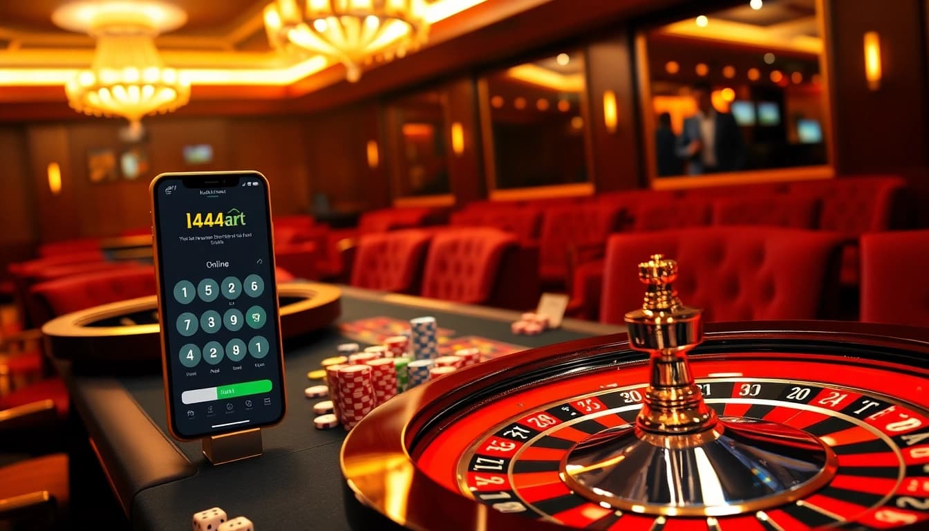 Engaging scene of online gambling at l444.art with a professional casino setting showcasing poker chips and a roulette wheel.